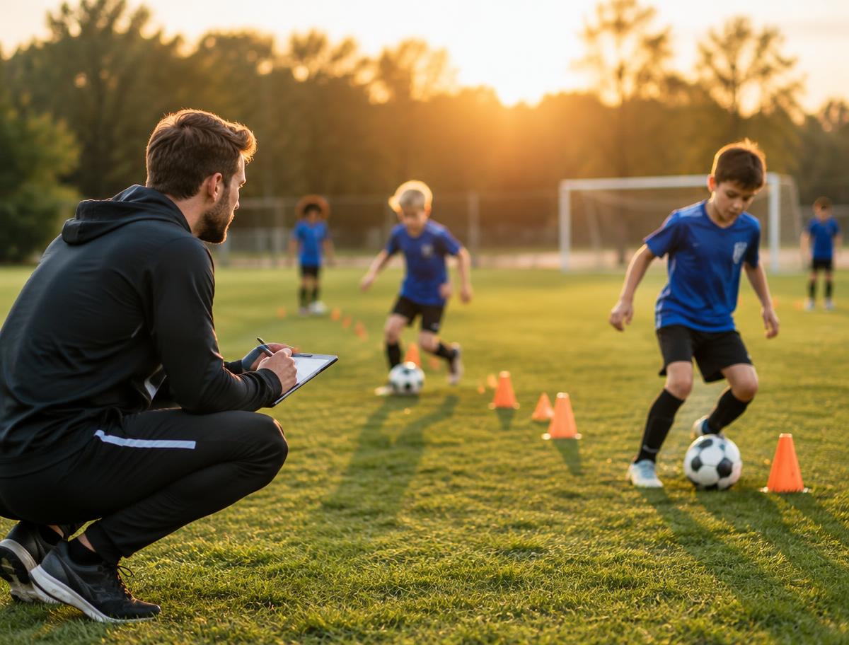 Professor avaliando jovens atletas em treino de futebol